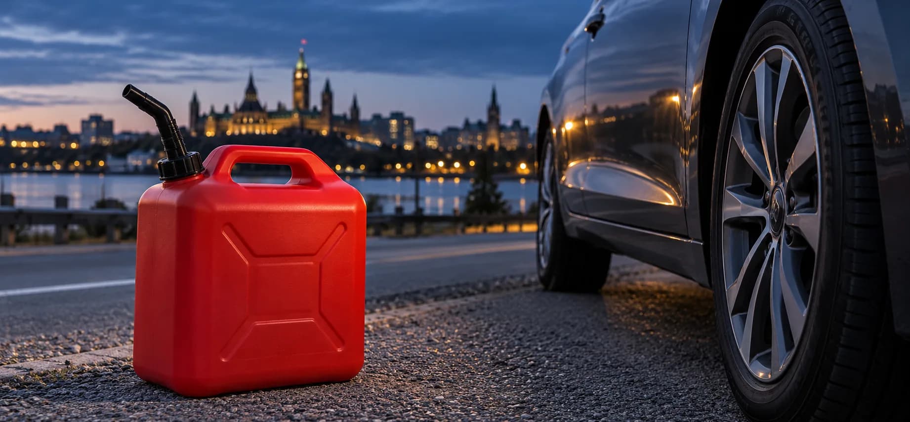 Portable fuel can beside a parked vehicle